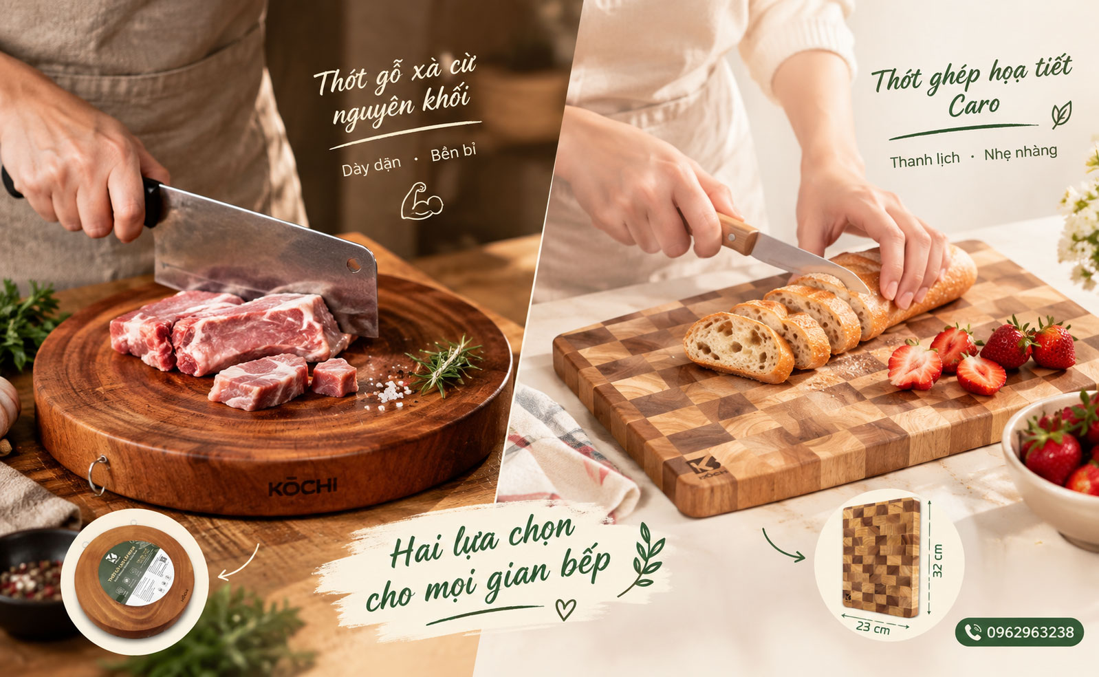 Phân biệt công năng của thớt gỗ nguyên khối băm chặt và thớt ghép caro thái đồ chín