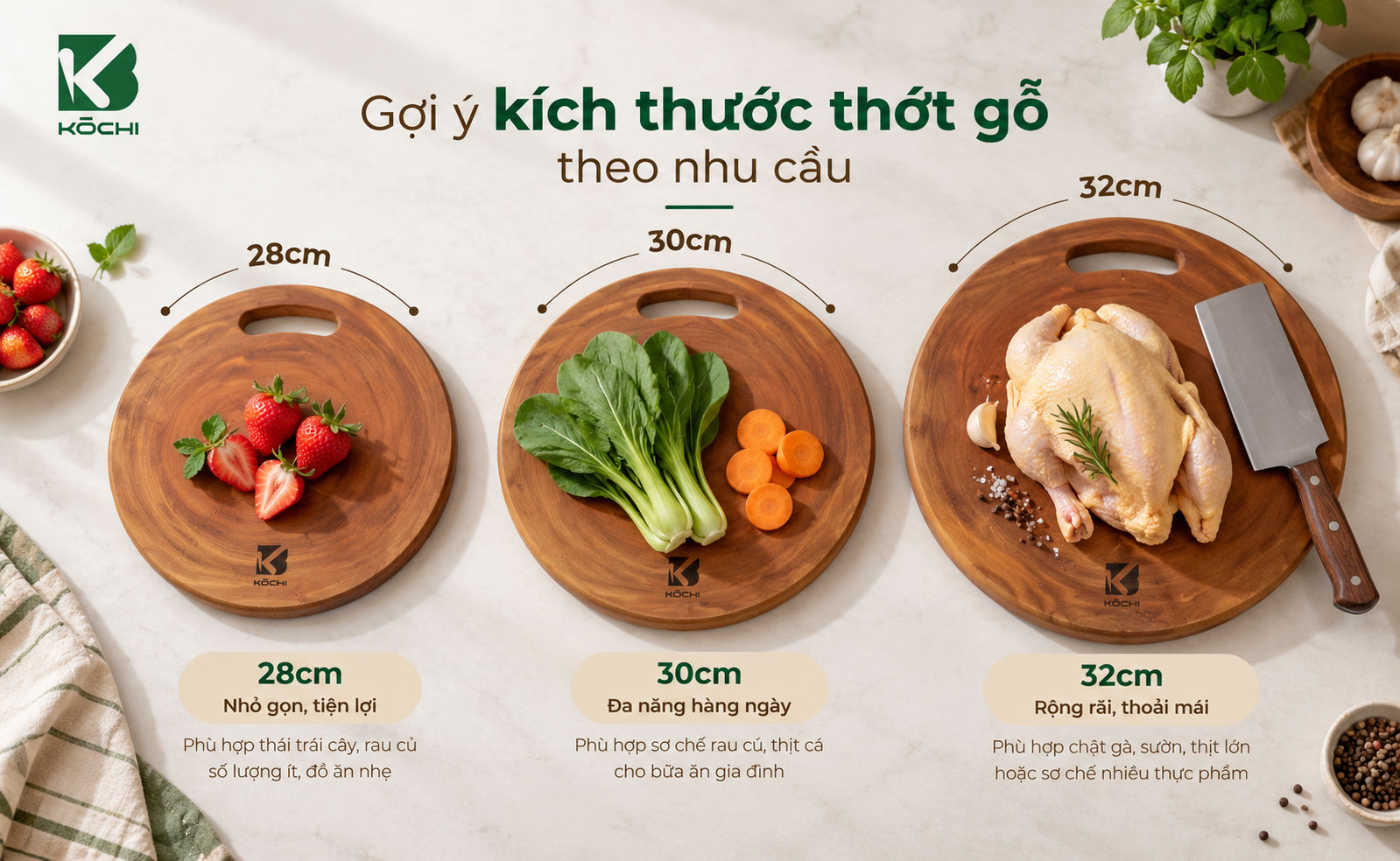 So sánh các kích thước thớt gỗ tự nhiên 28cm 30cm và 32cm theo nhu cầu sử dụng