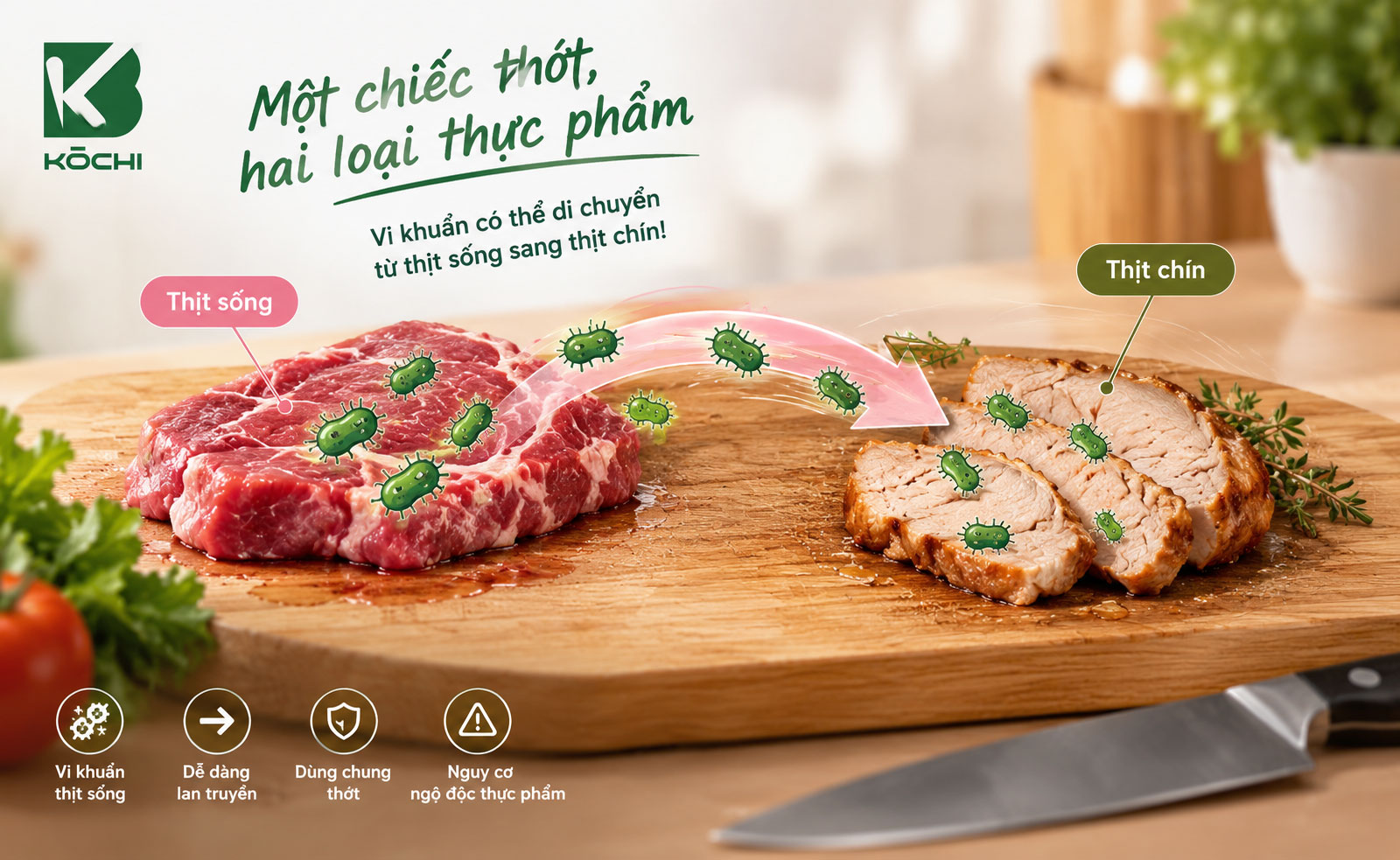 Hiểm họa nhiễm khuẩn chéo khi không phân loại thớt thái thịt chín và thớt cắt đồ sống