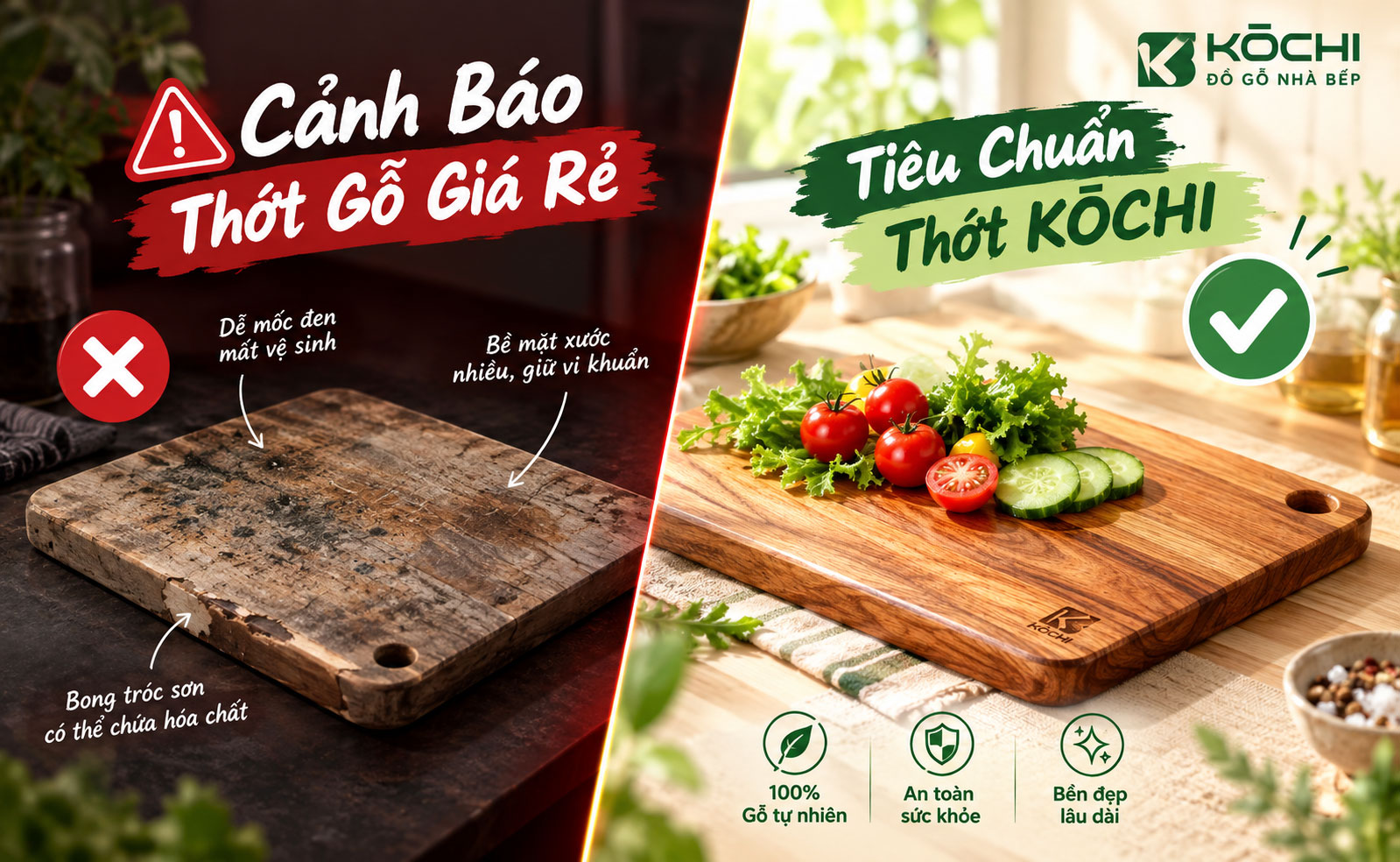 Thớt gỗ an toàn thực phẩm KOCHI so với thớt gỗ sơn hóa chất giá rẻ