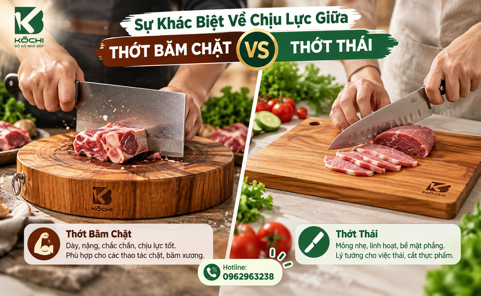 Sự khác biệt về chịu lực giữa thớt gỗ băm chặt và thớt gỗ thái thịt