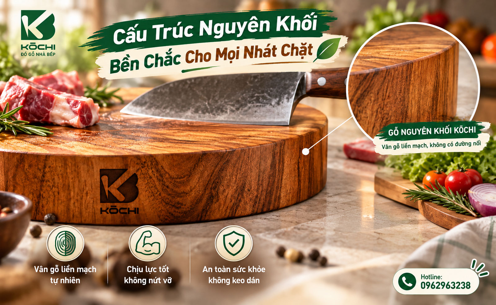 Thớt gỗ băm chặt nguyên khối chịu lực cực tốt không nứt vỡ