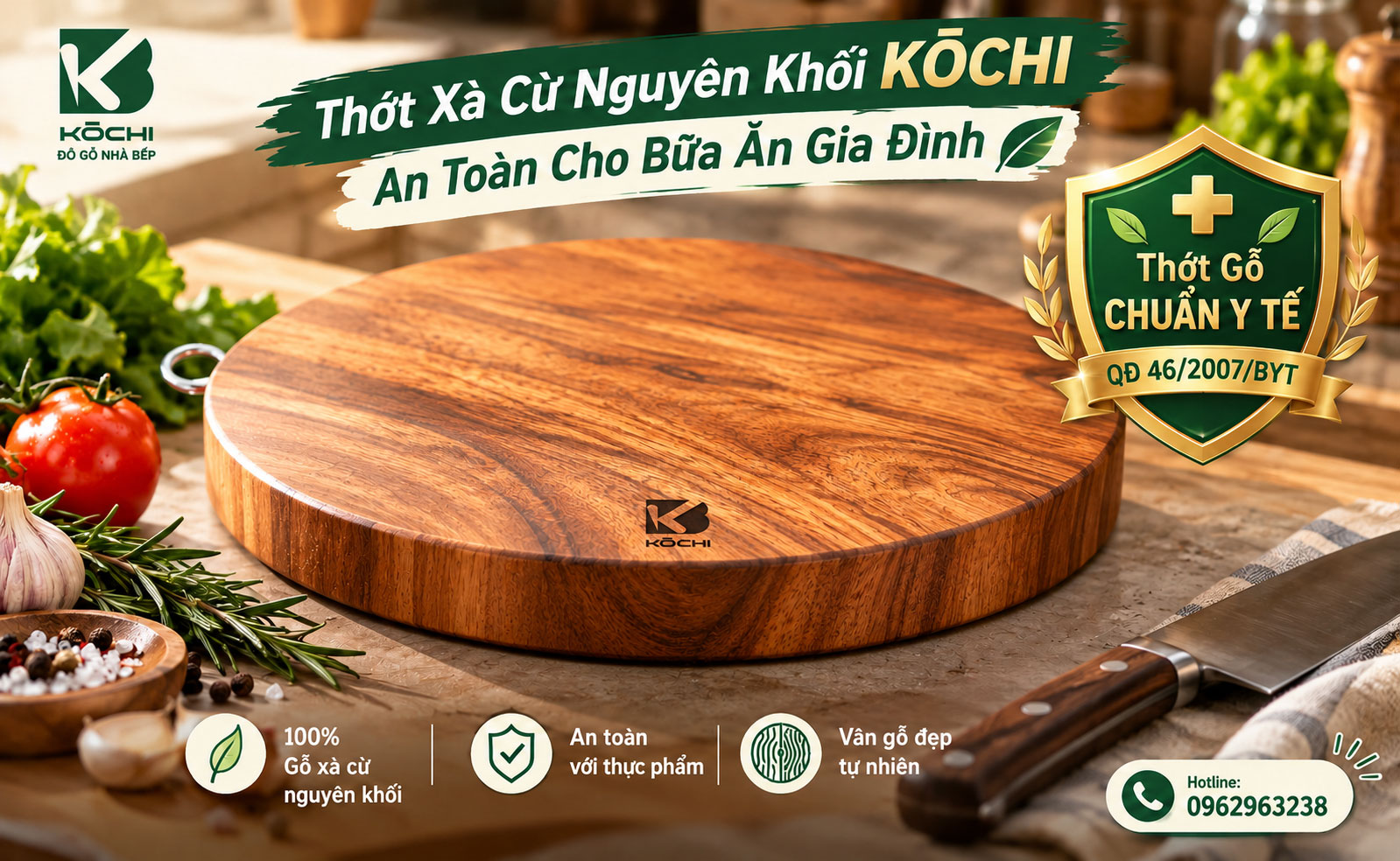 Thớt gỗ thái thịt và thớt gỗ băm chặt KOCHI nguyên khối đạt chuẩn y tế