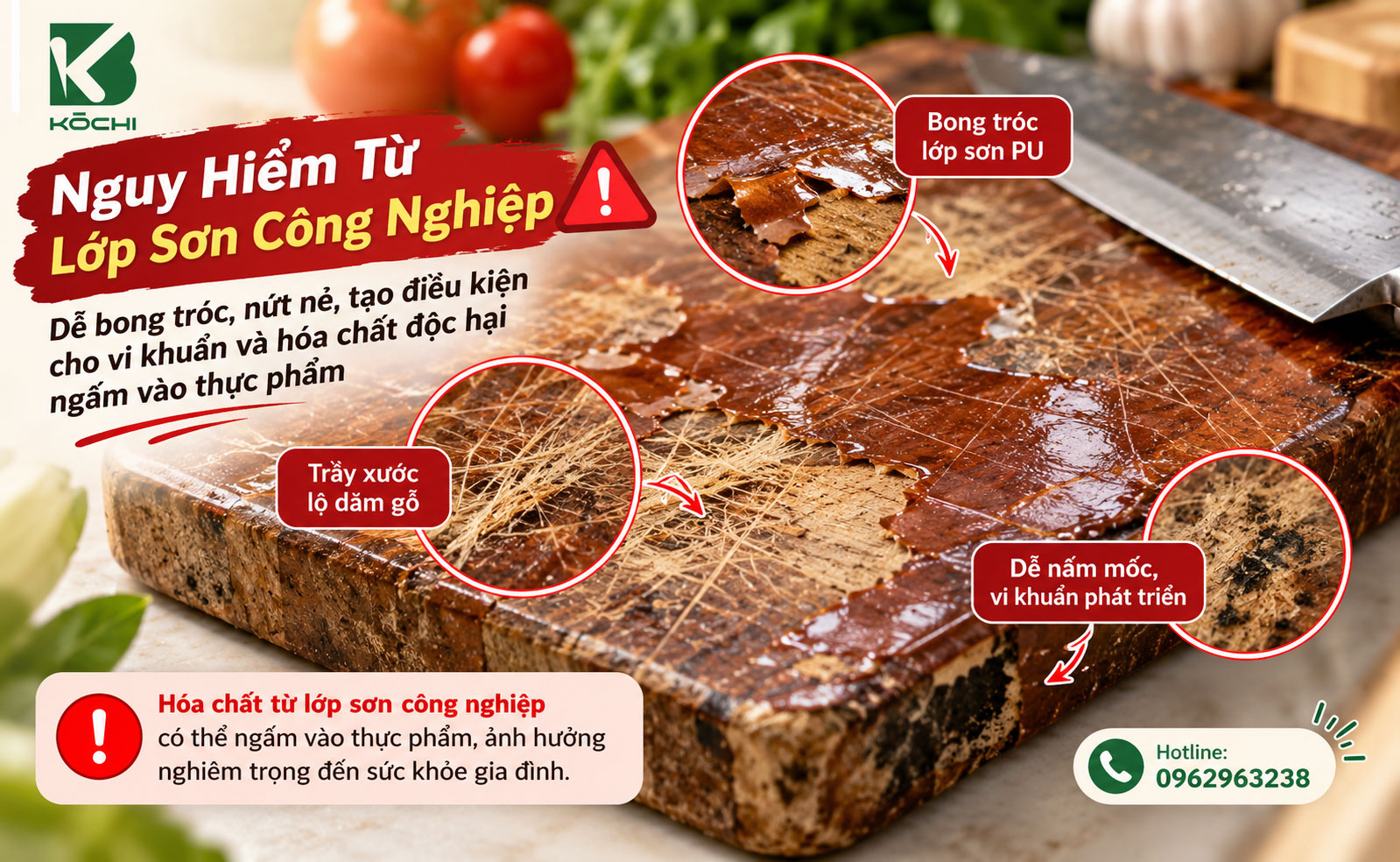 Nguy cơ bong tróc sơn PU khi dùng thớt gỗ không an toàn cho sức khỏe