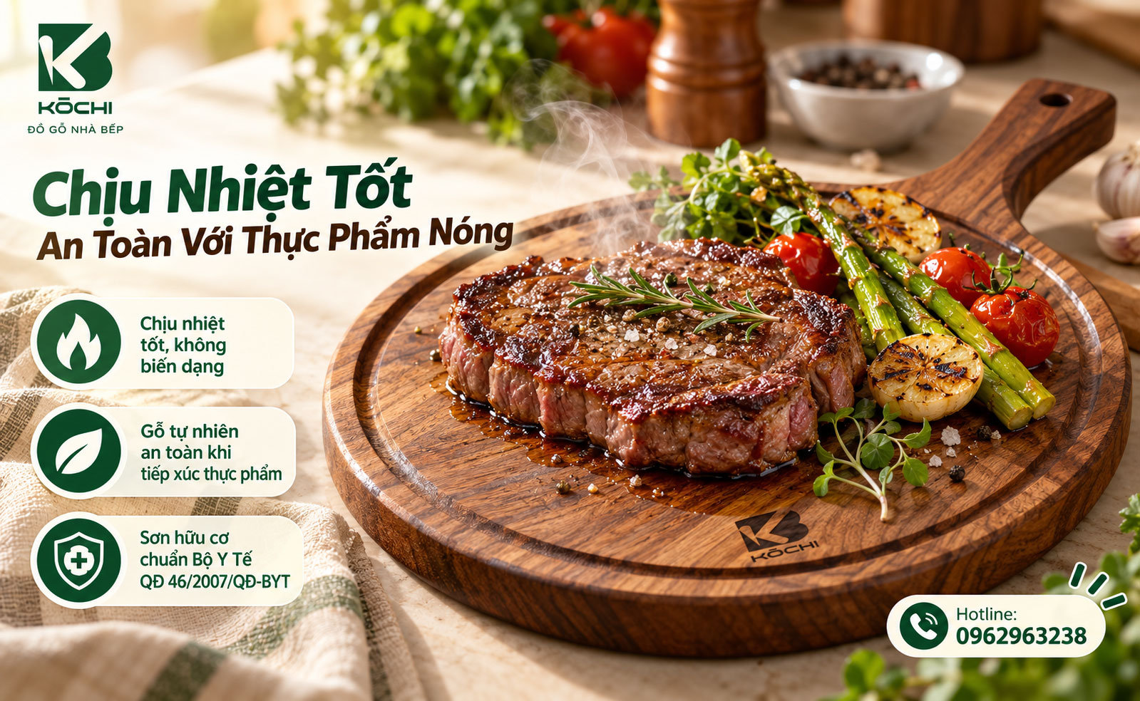 Sử dụng thớt gỗ an toàn sức khỏe KOCHI phục vụ món ăn nóng
