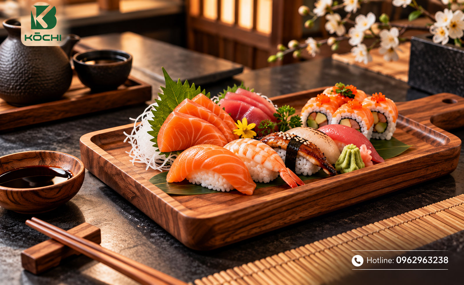 Khay gỗ trang trí hình chữ nhật KOCHI phục vụ sushi và sashimi chuẩn phong cách Nhật