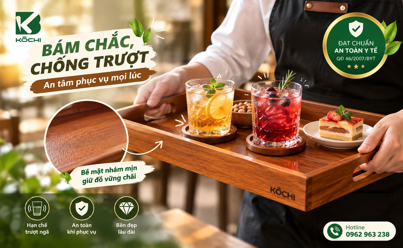 Khay gỗ phục vụ chống trượt tốt giúp hạn chế tối đa rủi ro đổ vỡ ly chén