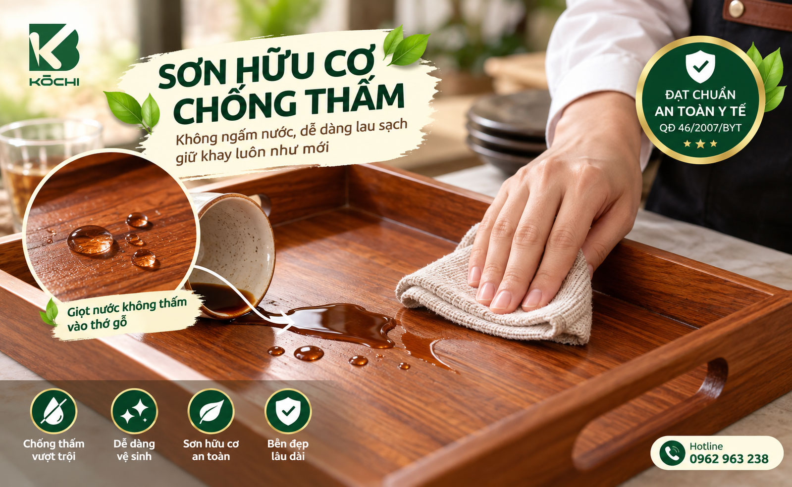 Khay gỗ nhà hàng KOCHI phủ sơn hữu cơ chống thấm nước và lau chùi dễ dàng