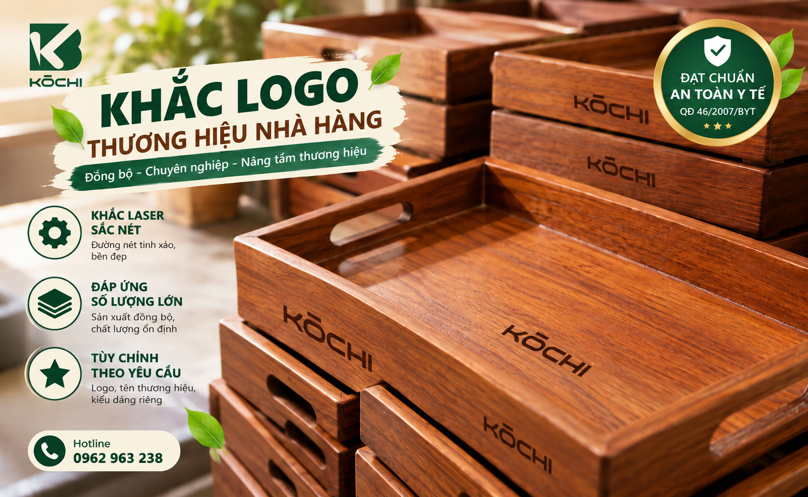 Khay gỗ nhà hàng KŌCHI hỗ trợ khắc laser logo nhận diện thương hiệu F&B