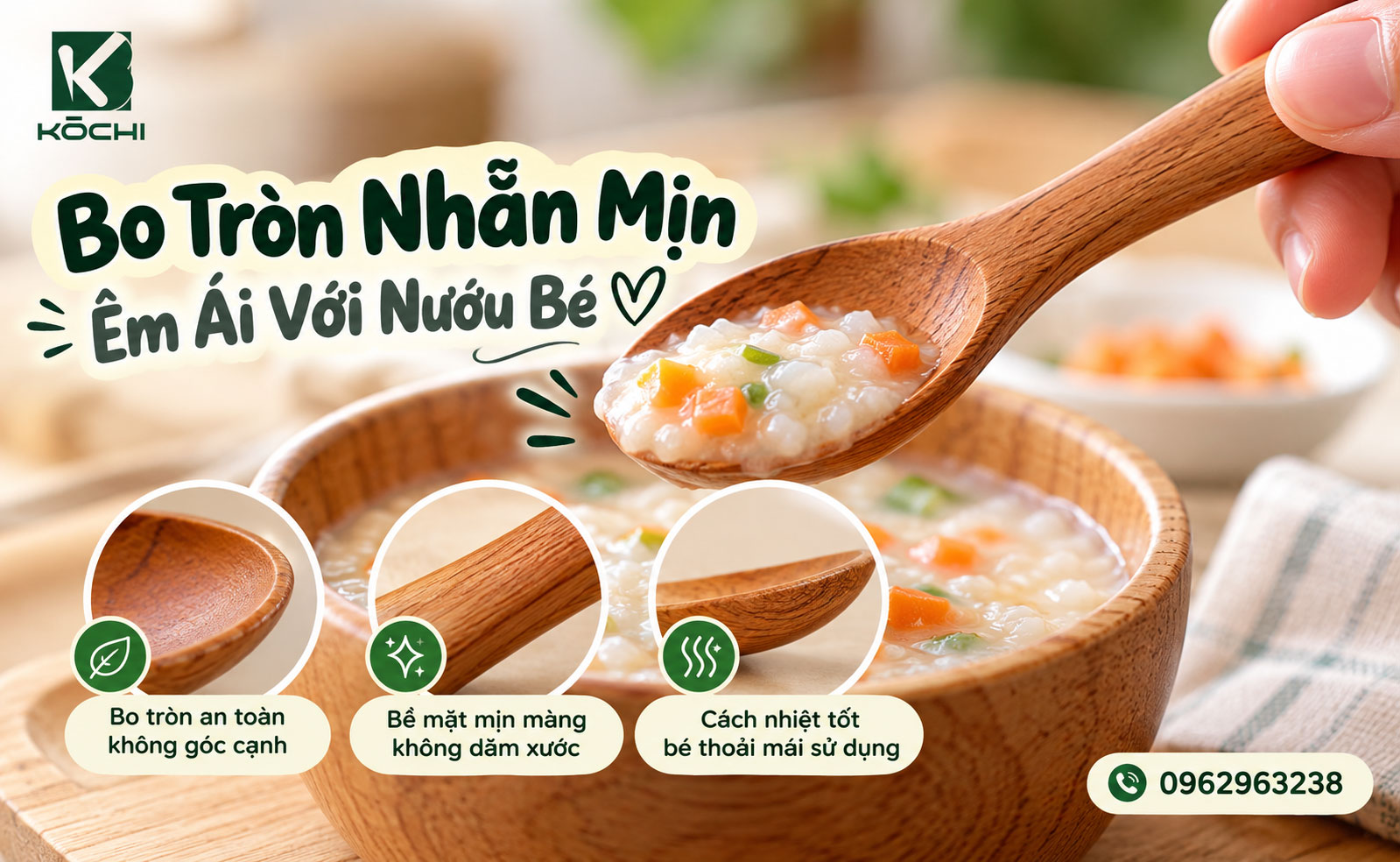 Muỗng gỗ ăn dặm bo tròn mềm mại cách nhiệt tốt bảo vệ nướu cho bé