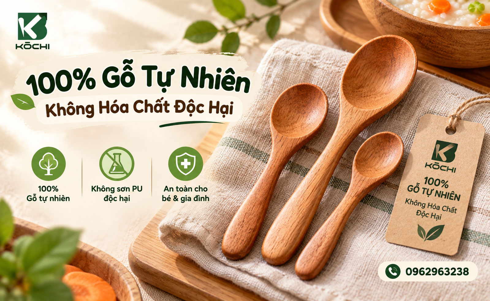 Muỗng gỗ ăn dặm KOCHI phủ sơn hữu cơ thực phẩm đạt chuẩn BYT
