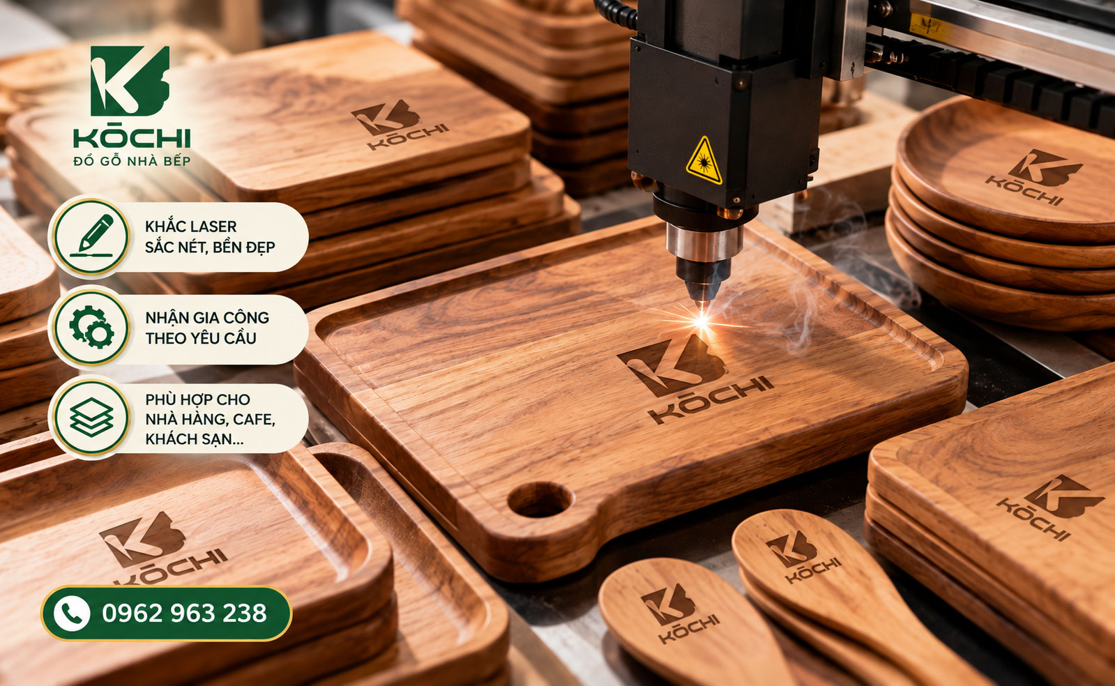 Đơn vị cung cấp đồ gỗ nhà hàng hỗ trợ khắc laser logo thương hiệu
