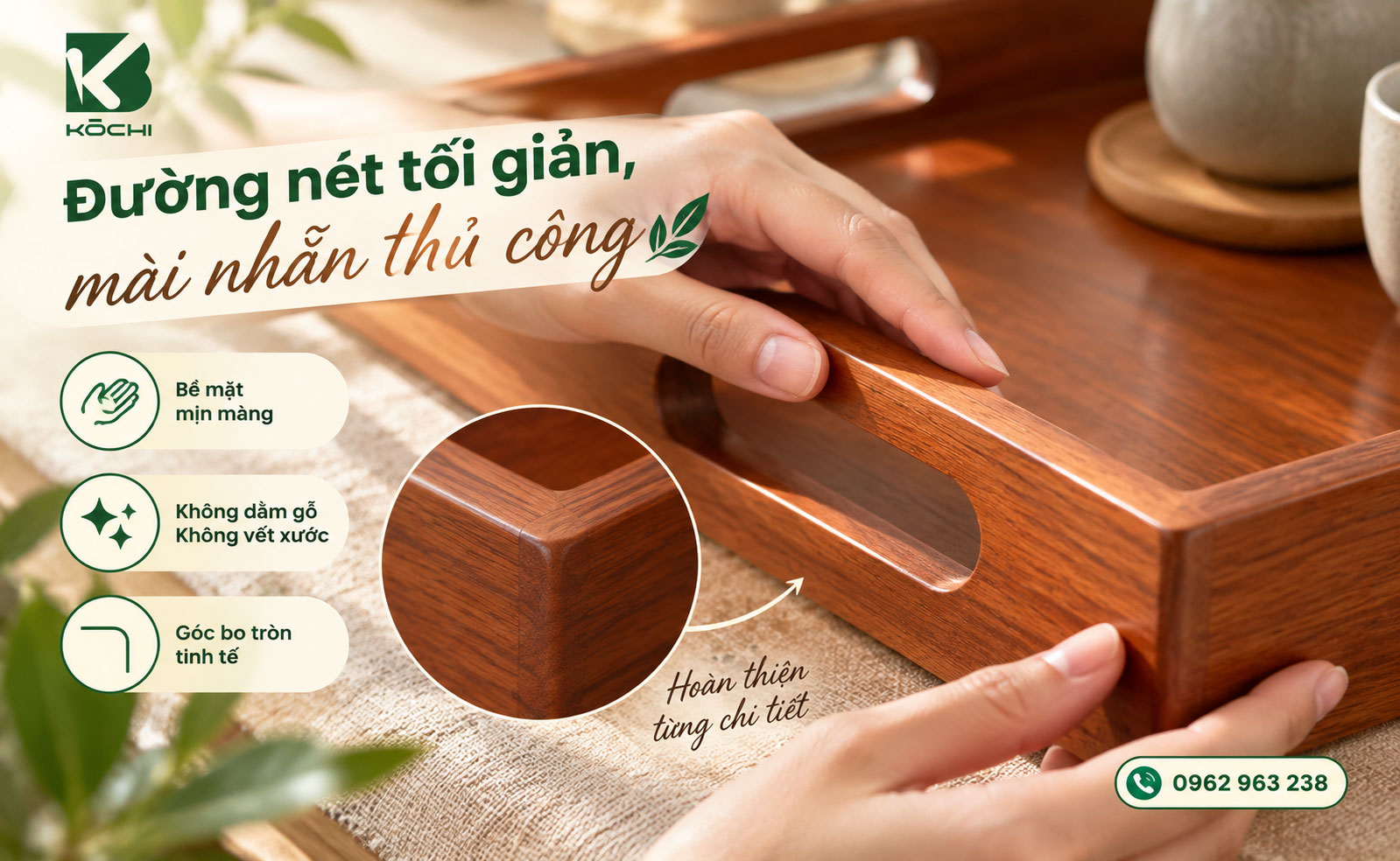 Khay gỗ đựng trà KŌCHI được mài nhẵn thủ công không lên dằm