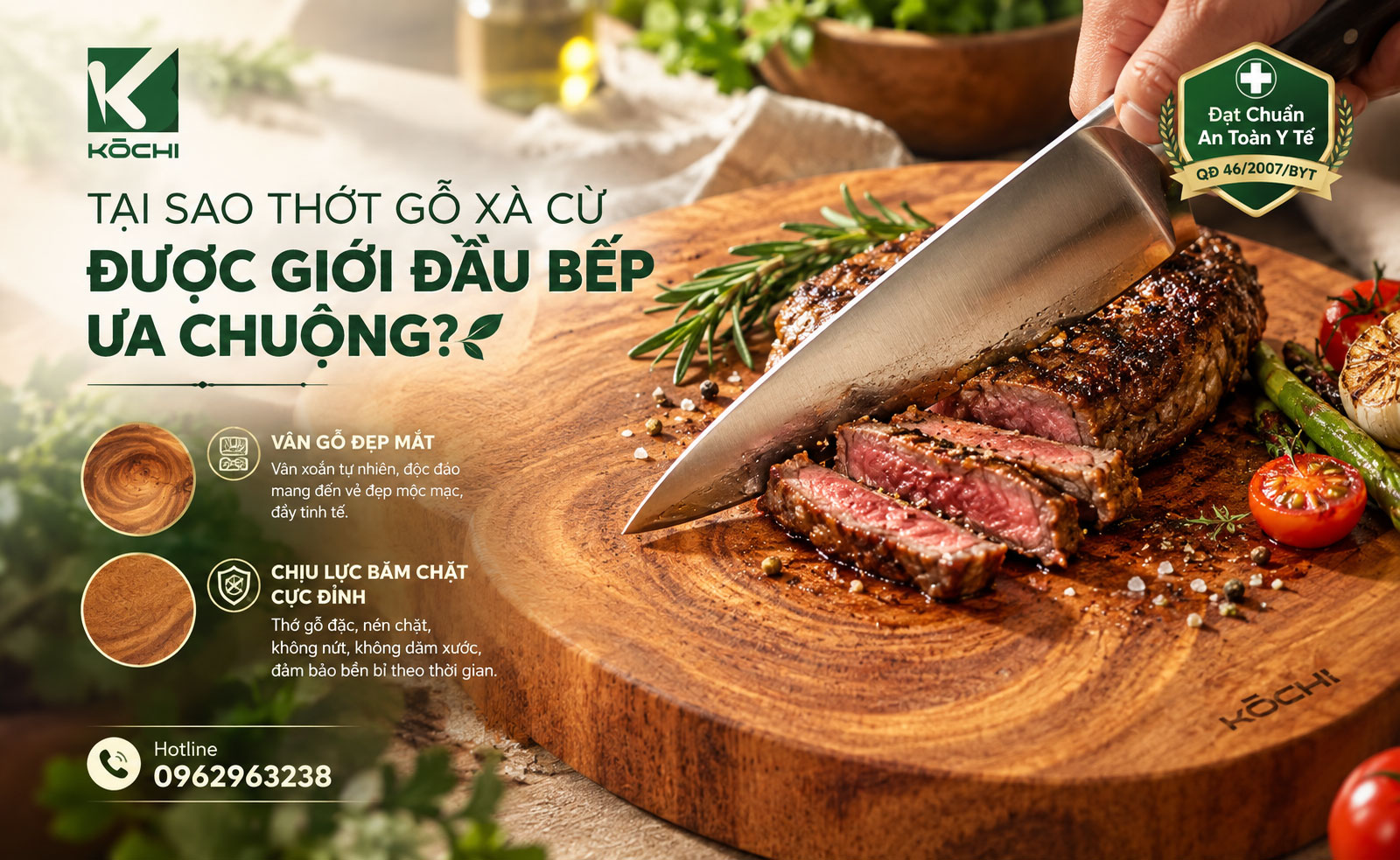 Thớt gỗ xà cừ có thớ gỗ đặc dai chịu lực băm chặt cực tốt