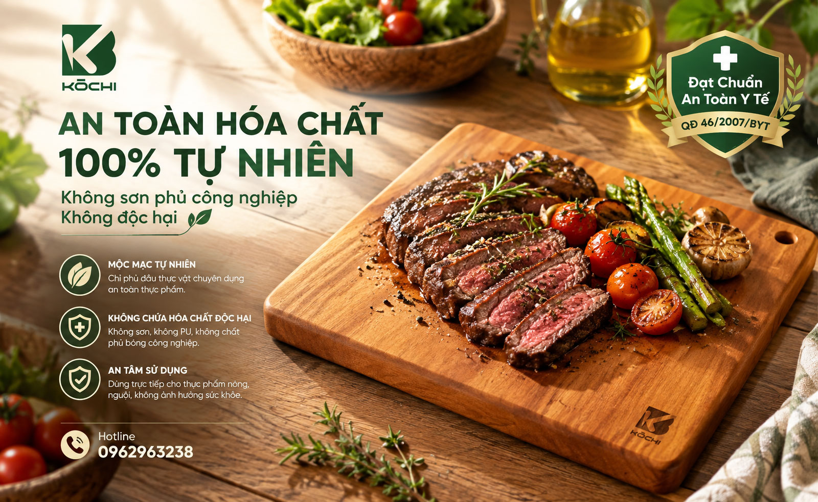 Thớt gỗ kháng khuẩn KOCHI không phủ sơn PU đạt chuẩn y tế