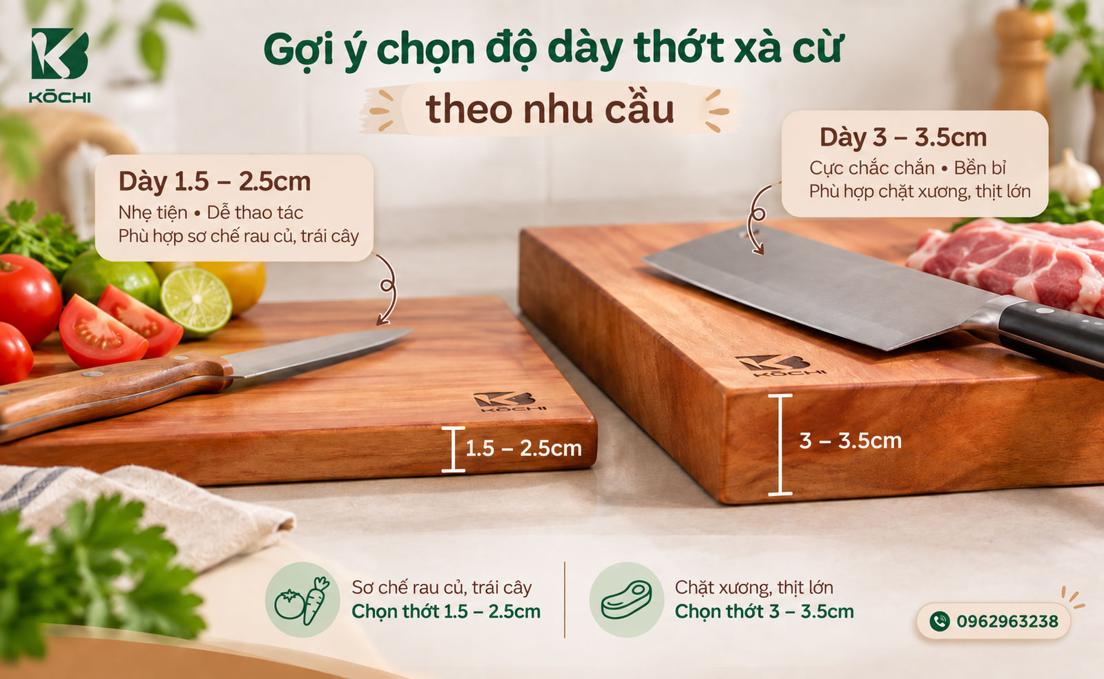 Chọn độ dày thớt gỗ xà cừ chuyên thái gọt và băm chặt cho gia đình